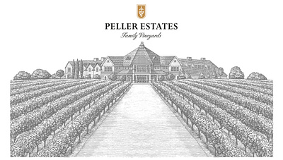 Peller Estates Label Illustrated by Steven Noble architecture artwork branding design engraving etching illustration landscape line art pen and ink scratchboard steven noble wine wine label woodcut