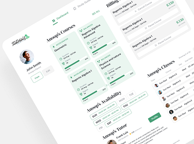 Education Dashboard - Parent Role about availability billing courses dashboard education listing table ui