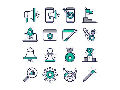 Seo icons ai artificial intelligence gear icon design icon set icons marketing medal megaphone optimization pawn rocket seo target ui vector