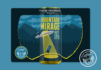 Out of this World Brewing Company: Mountain Mirage alien beer branding brewing can design forest graphic design illustration ipa logo packaging typography ufo vector