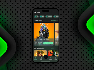 NFT Marketplace Mobile App Design & Animation-Buy-Sell-Auction animation app animation app design green app design specialist creative dark app ios app mobile app design modern design motion graphics new design trend nft nft marketplace portfolio ui uiux uiux design ux design
