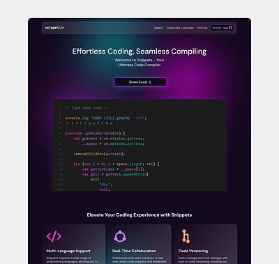 Snippets landing page code compiler graphic design productdesign ui uidaily uidesign uxdesign