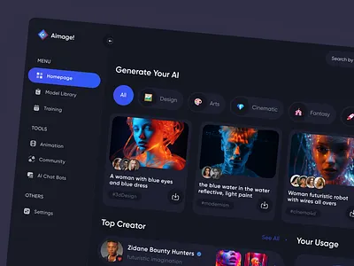 AI Image Generator Dashboard - Aimage! ai app design card dashboard design design app generator image image generator interface mac mobile mobile ui mockups ui ux voice web web app web design
