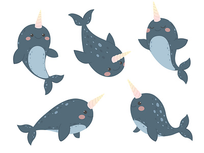 narwhals adobe illustrator animals arctic cartoon character charactrer design cute digital art digital painting fun illustration narwhal nature northen sea animal sea unocorn under water vector vector art while