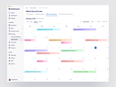 Dynamic Pricing _ Monthly Calendar aesthetic ui calendar clean ui complex crm crm dashboard dynamic pricing e commerce minimal monthly view product design product details royal parvej saas saas dashboard sidebar ui design webapp