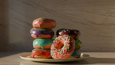 Donuts (Blender) 3d blender blender3d color cycles dailychallenge donuts food home kitchen plate render row visual design