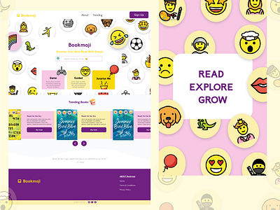 Bookemoji: for seamless search for your favorite genre book book design emoji for children laqnding page tnc trynocode ui user experience userinterface ux
