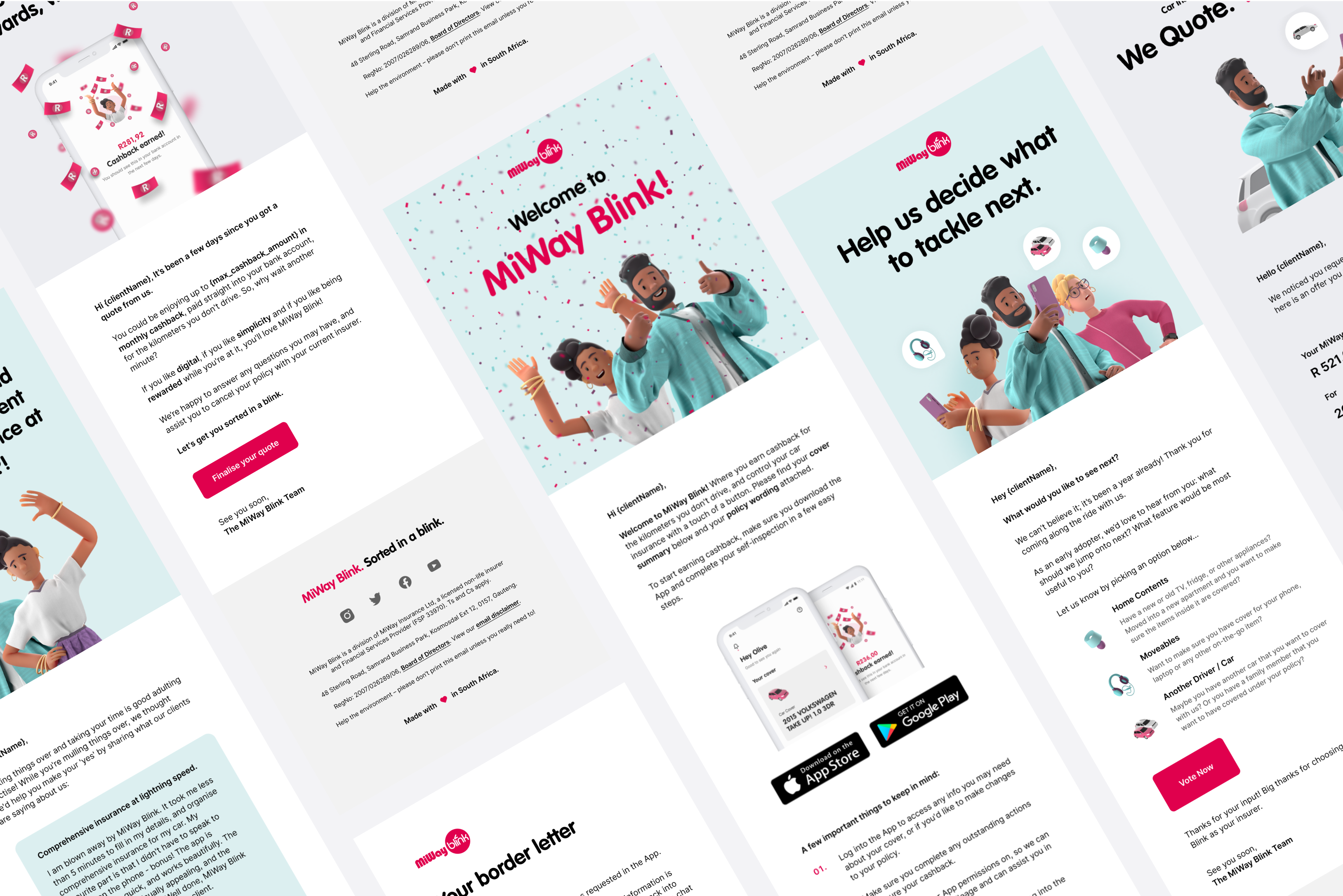 MiWay Blink Mailers 3d app black friday branding cover emailer illustrations insurance isoflow mailers miway mobile product design quote ui ux vehicle