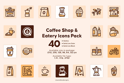 Coffee Shop & Eatery Icons Pack barista bean beverage business cafe cafeteria caffeine cappuccino coffee break coffee house coffee shop cup eatery espresso hot drink latte menu shop