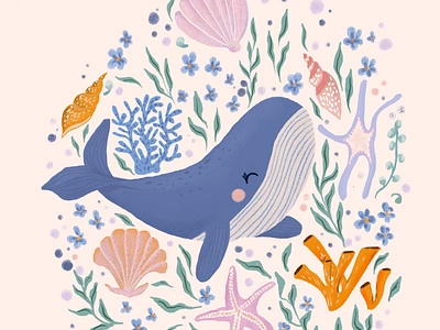 Adorable Whale and Sea Life illustration animal cute whale flora and fauna greenery illustration marine nautical nursery art pastel sea life seashell underwater