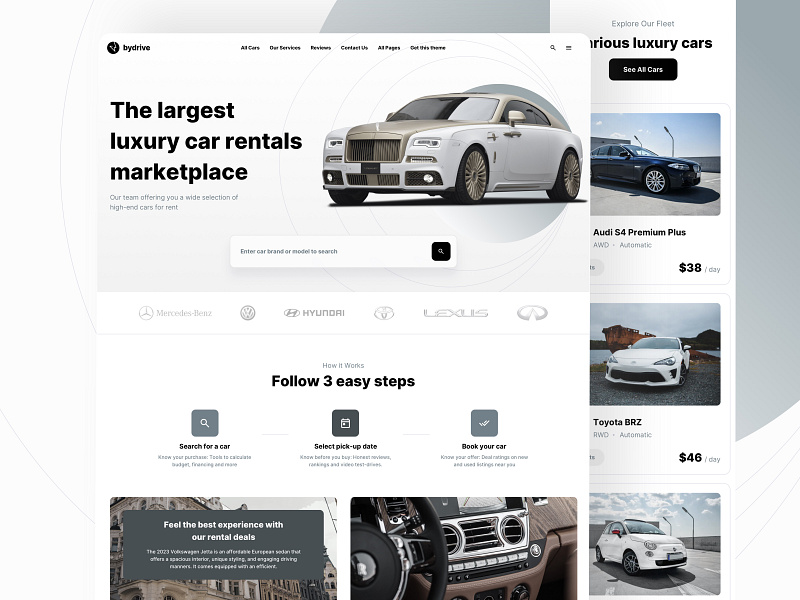 Car rental landing page designed with Framer auto car car rent dealer framer graphic design inspiration landing landing page no code nocode rentals responsive template theme ui ui design vehicle webdesign website