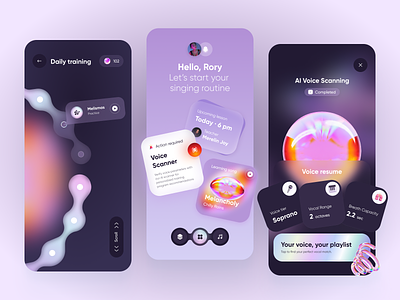 AI-Powered Singing App ai app daily training dark mode design game gamification gradients mobile scan scanner scroll sing singing tracking training ui ux vocal vr