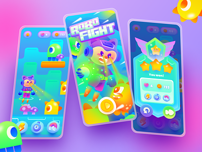 Game Design Concept - Robo Fight 👾 character design game game concept game design game flow game preview game project gradient gui illustration kidsgame ui uigame uiux