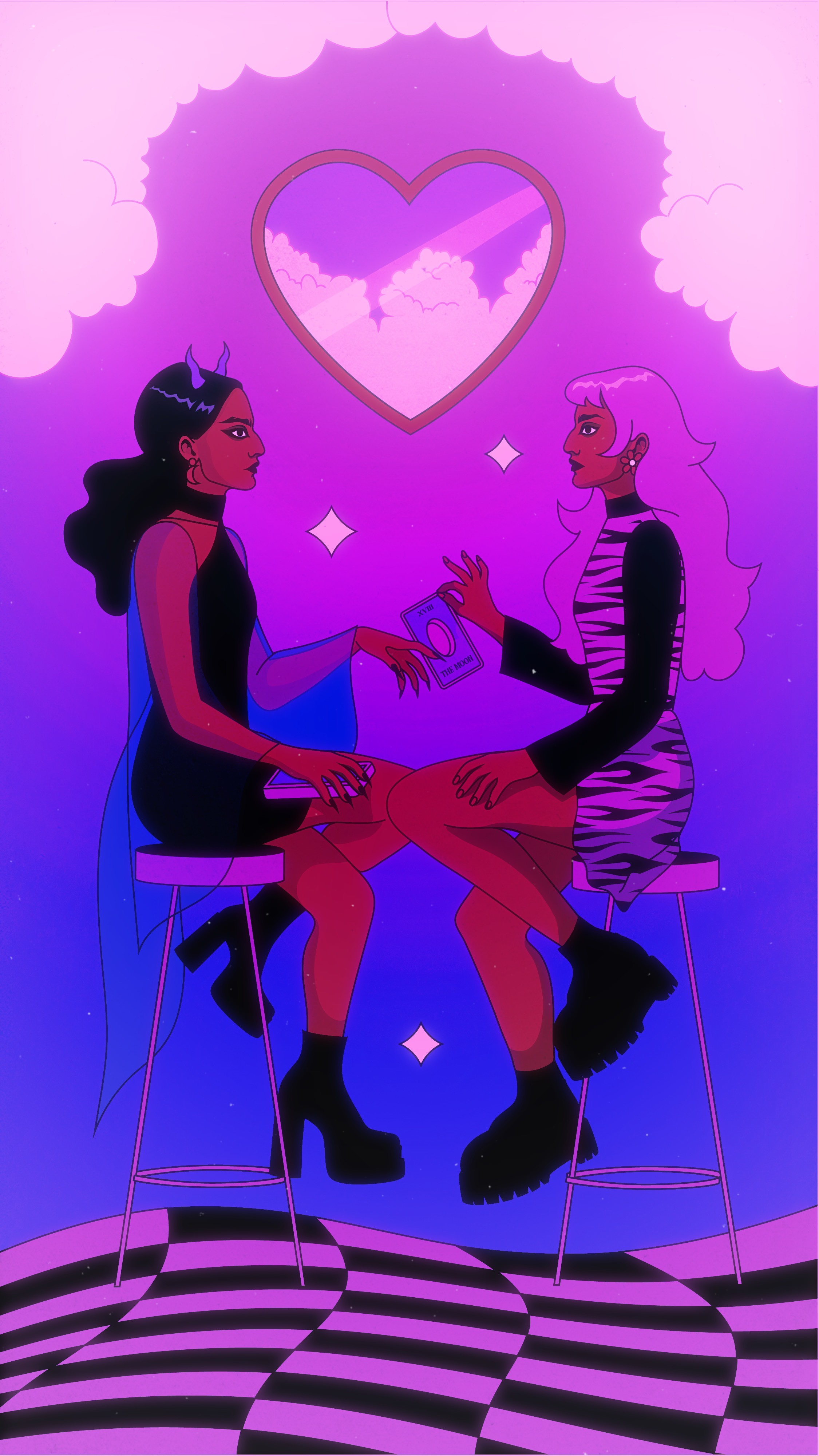 Persona & Shadow Tarot Talk 2d adobe illustrator character illustration clouds design girl girls illustration pink psychedelic psychedelicart psychology purple shadow tarot themoon vect vector vectorart