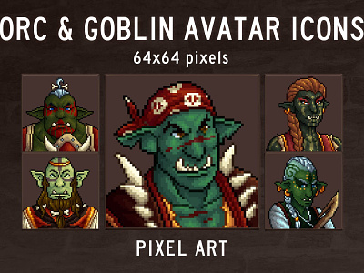 Orc and Goblin Avatar Icons in 64×64 Pixel Art 2d 64x64 asset assets avatar avatars fantasy game game assets gamedev goblin goblins icon icons indie game orc orcs pixel pixelart rpg