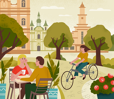 Walking in the city art bicycle building cafe cafeteria city coffee cute cycle design flat flowers graphic design illustration leaves park town tree trees vector