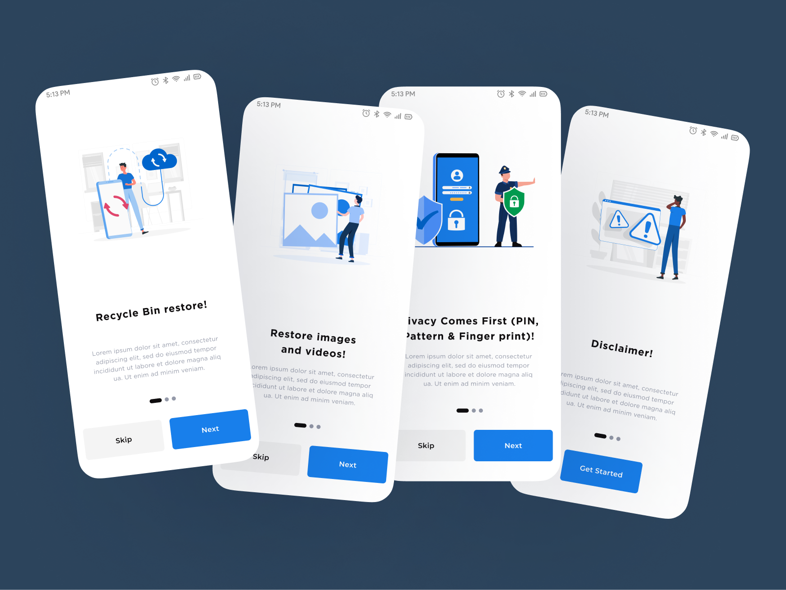 Photo & Video Recovery App UI Design audio recover data recovery document recover files recover home page music recover onboarding photo recovery recover data tabs