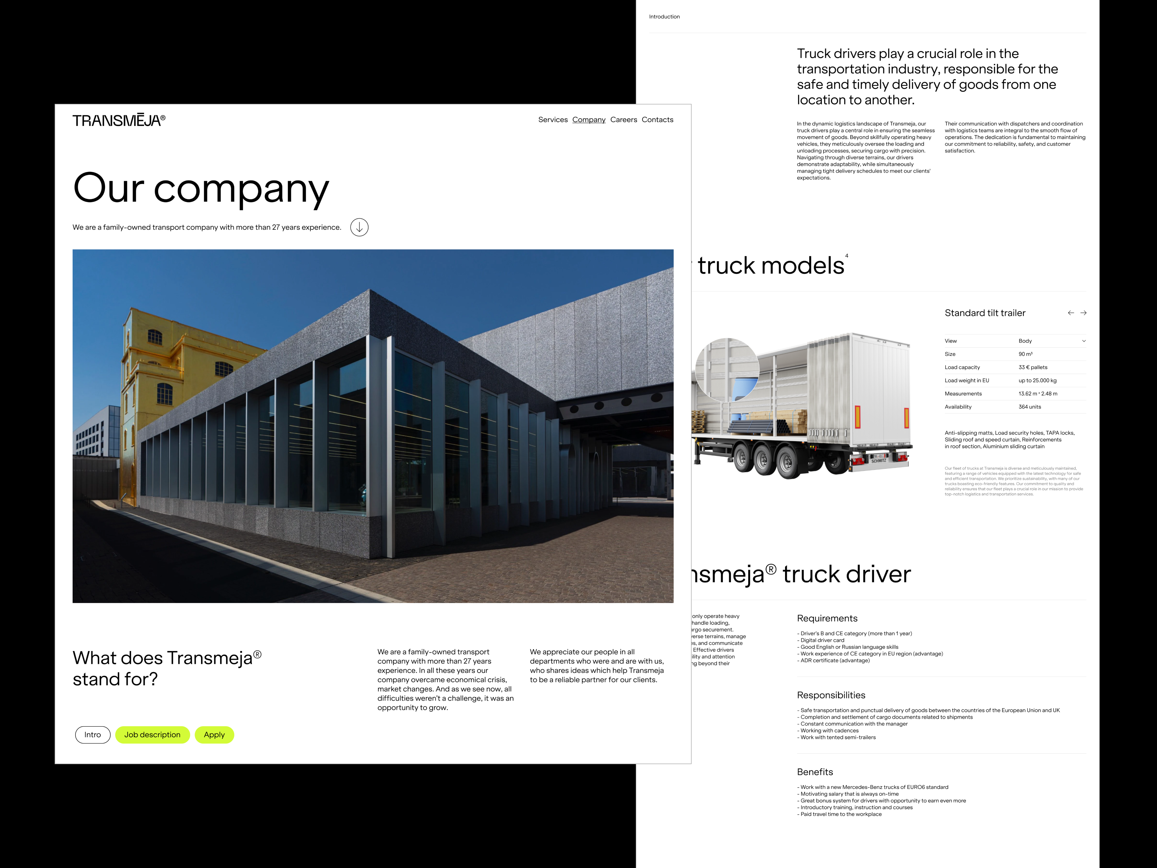 Transmeja®, company pages black blue branding cargo clean company interaction landing logistics minimal transportation typography ui ux web website white