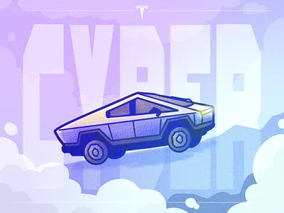 Cyber Truck Illustration 2d 2d art blog art blue branding clouds digital art draw drawing editorial editorialillustration grainy illustration mountain noise procreate purple truck ui ui design