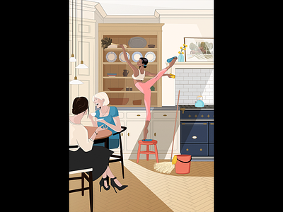 Veiled Reveries ballet character design cleaning dance dreams editorial illustration kitchen woman