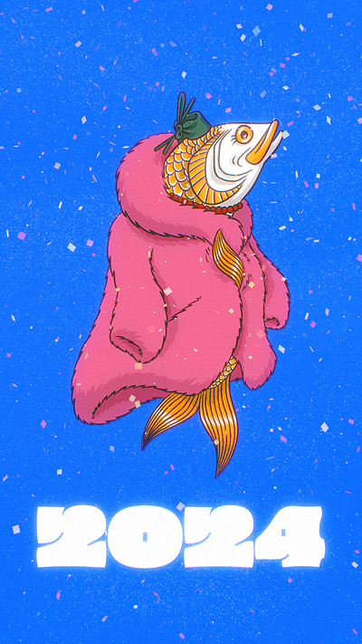 2024 Dressed Herring cartoon character design digital festive fish fun fur illustration joke new year procreate retro vintage