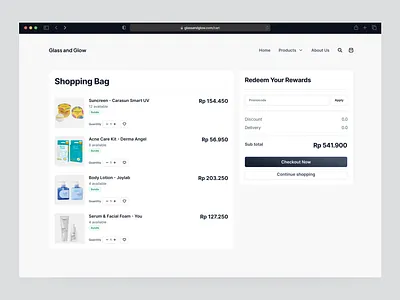 Glass and Glow - Shopping Cart E-commerce branding design ecommerce ecommerce design elegant plain shop shop website shopify skin care skincare skincare store store ui ui design ux