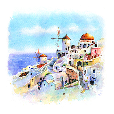Watercolor sketch of Oia, Santorini, Greece architecture greece illustration oia santorini sketch town urban sketch watercolor