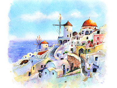 Watercolor sketch of Oia, Santorini, Greece architecture greece illustration oia santorini sketch town urban sketch watercolor