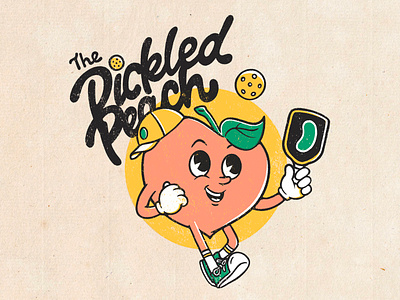 The Pickled Peach Pickle Ball League ball cartoon character design cuphead graphic design illustration logo design mascot pickle pickleball retro sports team logo vintage