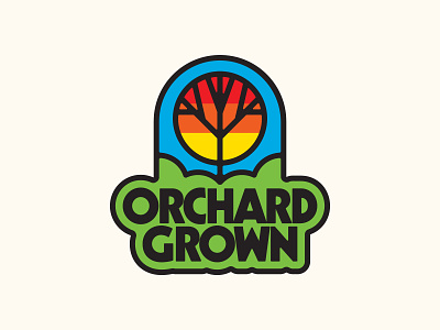 Orchard Grown 1970s branding cannabis design graphic design icon illustration logo modernist outdoors psychedelic retro sunset tree type lockup vibes