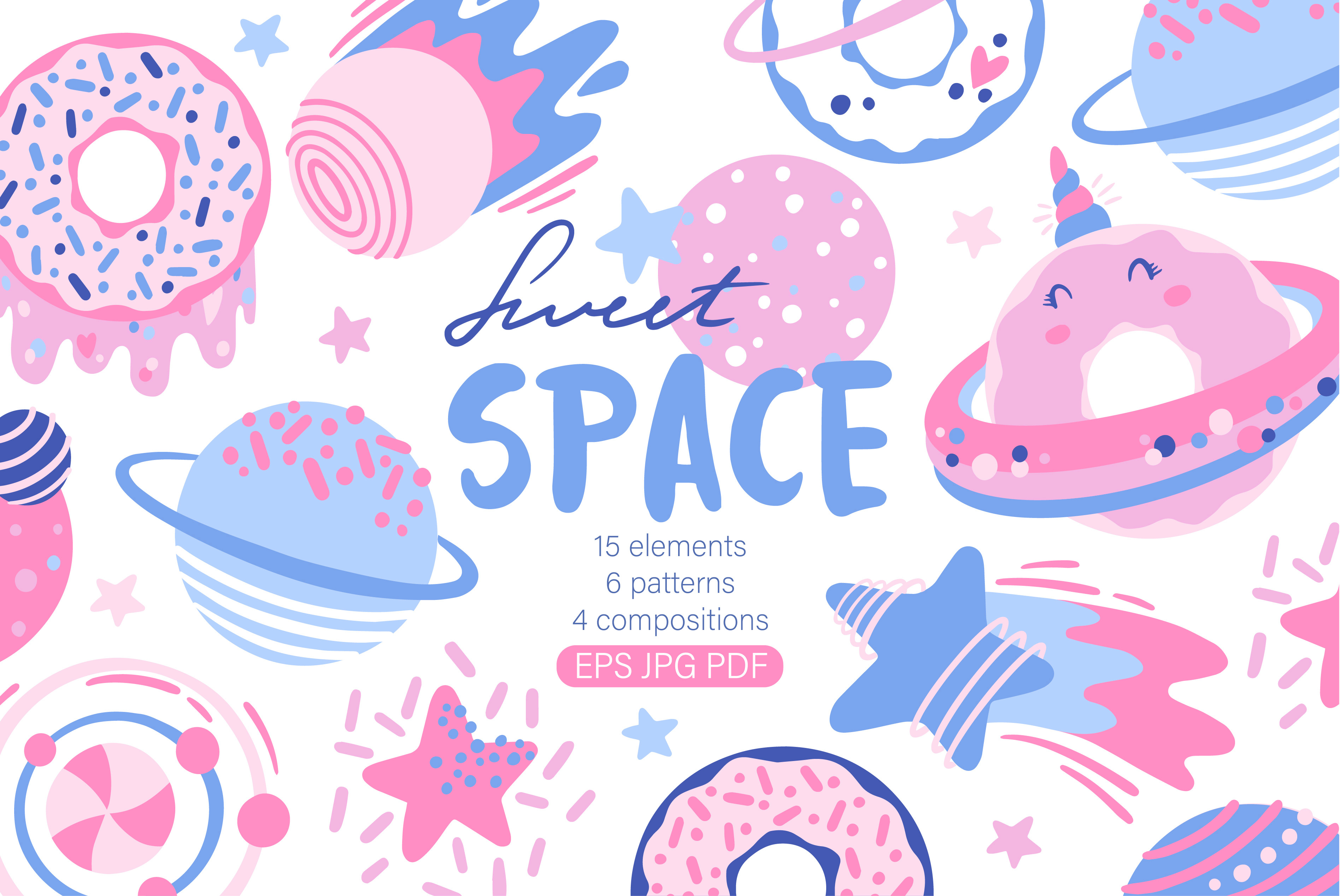 Sweet space collection. Patterns, elements, compositions abstract cat collection cute design donuts fabric graphic design illustration kids kosmos magic pattern planet print space textile vector