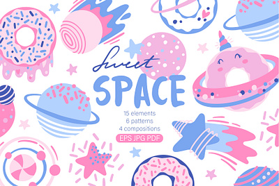 Sweet space collection. Patterns, elements, compositions abstract cat collection cute design donuts fabric graphic design illustration kids kosmos magic pattern planet print space textile vector