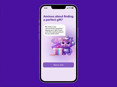 First AI chat bot for finding perfect gifts🎁 ai ai assistant app artificial intelligence branding chat chatbot design ecommerce giftjoy gifts joy mascot minimal online shopping purple ui ux