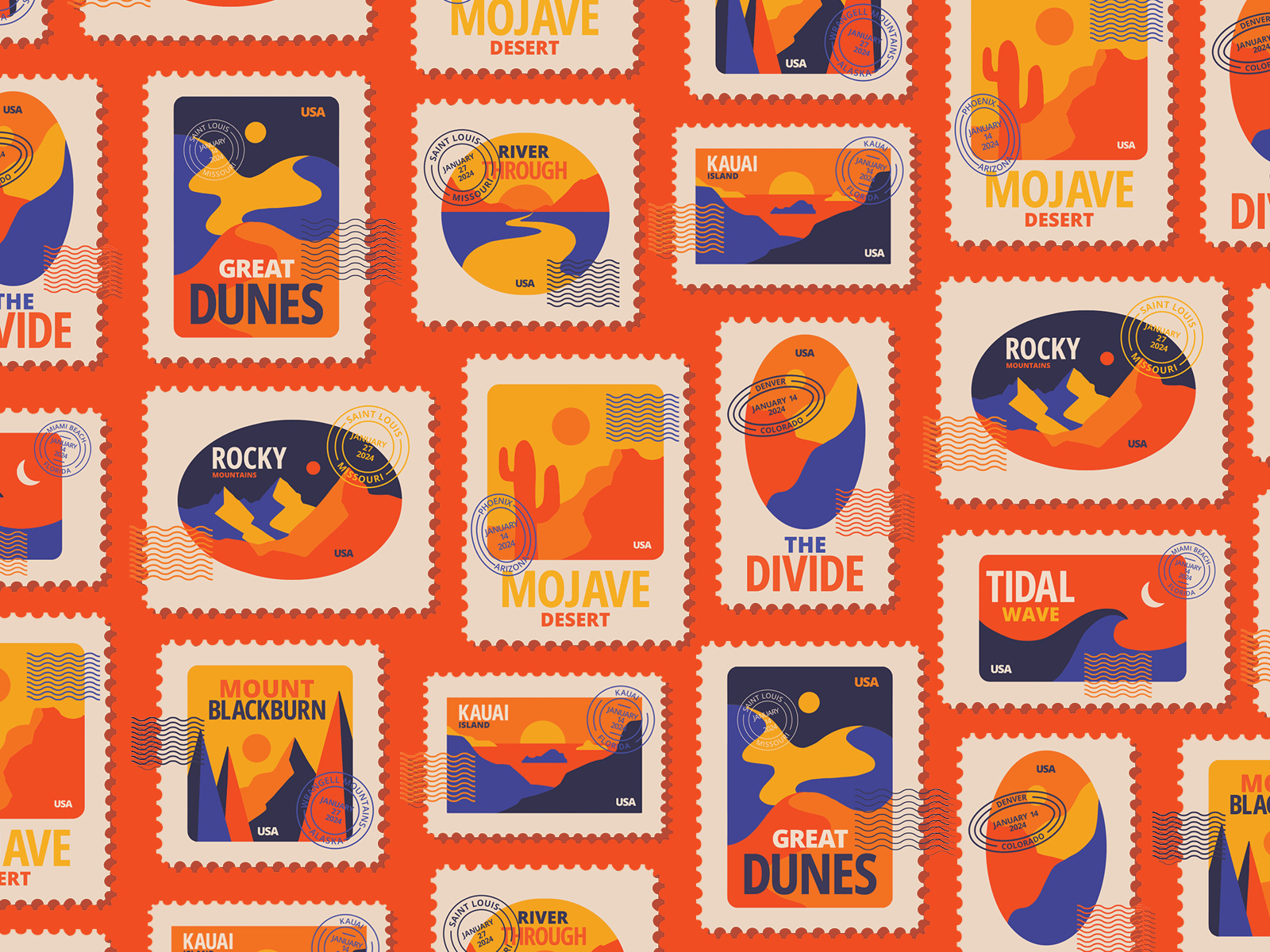 Stamp Series collage collection color design drawing environment gif illustration landscape landscapes mail mailing palette procreate series stamp stamps style texture vintage