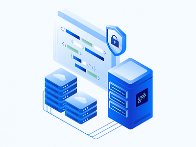 Secure Code backend brand illustration cloud code cloud computing cloud infrastructure cloudscape data processing database development devops isometric low code programming server server network software testing ui illustration web illustration