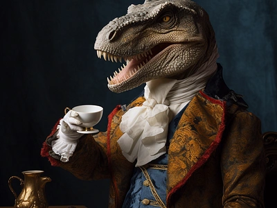 Tea Rex a Distinguished Gentleman 3d alternate universe character creature dd dinosaurs disruptive fantasy fine art flippant graphic design illustration jane austin jurassic park meme period poster satire t rex trex