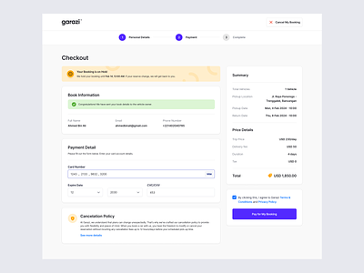 Garazi - Checkout Process app booking car card checkout details info payment platform process rental saas step ui vehicle website wizard