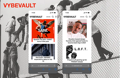 VYBEVAULT, home page for iPhone (Sketch). culture hip hop hypebeast ios17 mobile music rap safari ui ux