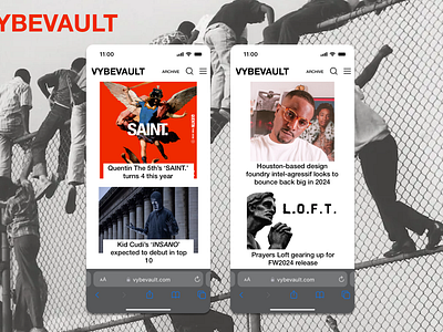 VYBEVAULT, home page for iPhone (Sketch). culture hip hop hypebeast ios17 mobile music rap safari ui ux