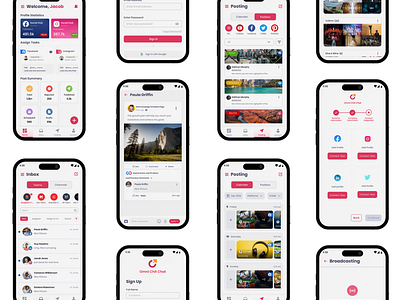 Social Media Management App best mobile app broadcasting connec ted platforms inbox mobile app mobile ui posting sign in sign up social management app social media ui user experience user interface ux