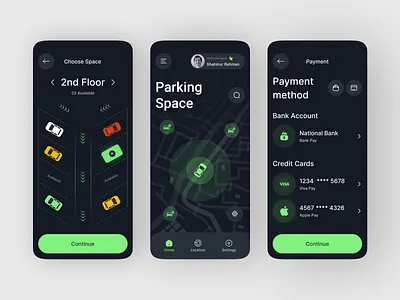 Parking Mobile app booking car app dark mode driving find parking inspiration location maps mobile app nearby park p2p parking slot parking space popular design rental app route shahinurstk02 uiux design vehicle