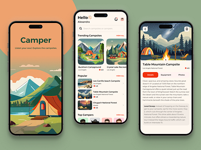 Camper: Your Ultimate Adventure Companion! adobe adventure ai app art campesite design details firefly illustration infographics list mobile app design people rating reviews slider ui ux