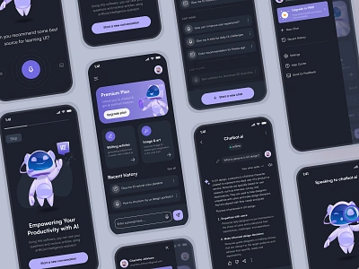 AI Chatbot App UI ai ai app ai assistant ai bot ai chat app atificial intellegence bot chat chat box chatbot chatgpt dark mode gpt mobile design prompt robot technology ui ux