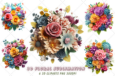 3d Floral Bouquet sublimation Clipart Bundle, 3D Sublimation nature cartoon
