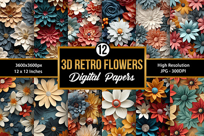3D Retro Flowers Digital Papers Backgrounds nature cartoon