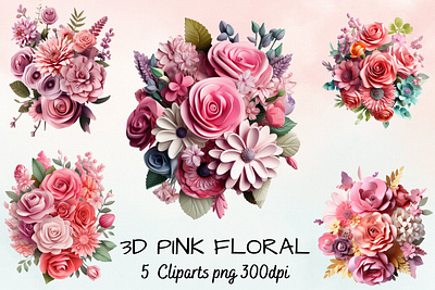 3d sublimation Pink Floral Bouquet Clipart Bundle, 3D nature cartoon