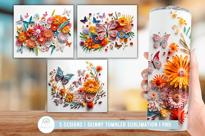 3D Wildflower and Butterfly Tumbler Sublimation 3D Tumbler nature cartoon