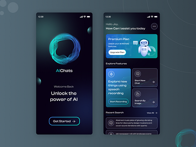 AI Chats ai app aichats app app design artificial intelligence chatbot conversationalai darkthemedesign design futuretech gradient mobile smarttech techinnovation ui ux visualsearch voicetech