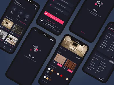 Order cabinets app - Dark mode darkmode figma kitchen mobile mobile app mobile design ordering product design uxui wireframe
