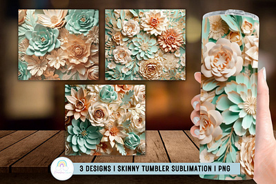Mint and Beige Flowers 3D Tumbler Sublimation Wrap nature cartoon